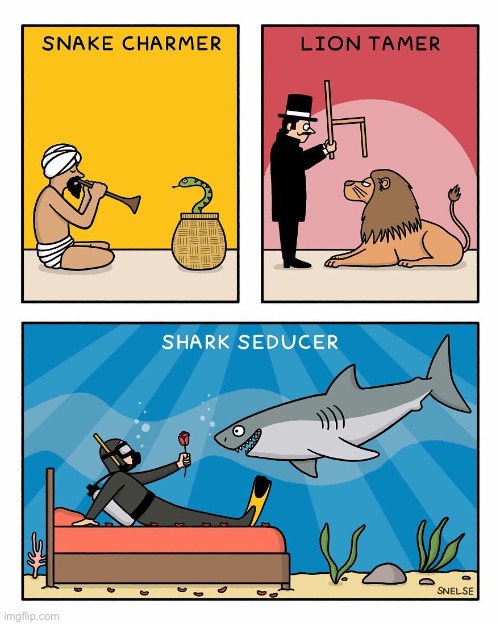 Animal magnetism… | image tagged in comics,snake charmer,lion tamer,shark seducer,animal magnetism | made w/ Imgflip meme maker