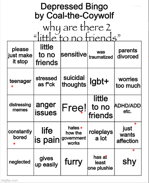 mid | why are there 2 “little to no friends” | image tagged in depressed bingo | made w/ Imgflip meme maker