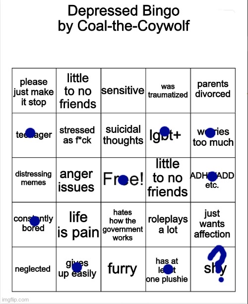 depressed bingo | image tagged in depressed bingo | made w/ Imgflip meme maker