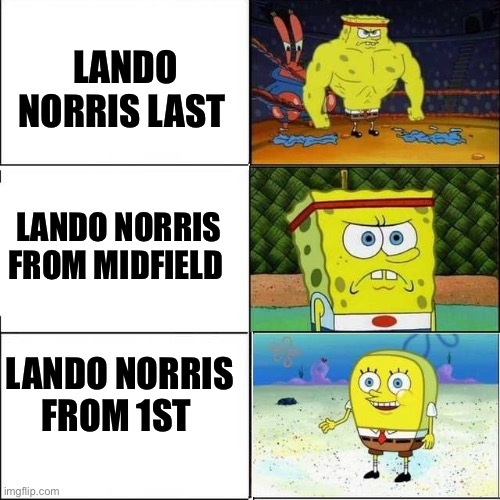 Spongebob muscle | LANDO NORRIS LAST; LANDO NORRIS FROM MIDFIELD; LANDO NORRIS FROM 1ST | image tagged in spongebob muscle | made w/ Imgflip meme maker