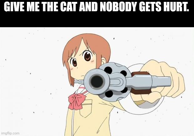 Anime gun point | GIVE ME THE CAT AND NOBODY GETS HURT. | image tagged in anime gun point | made w/ Imgflip meme maker