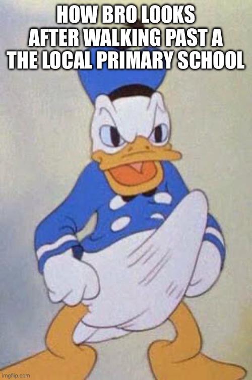 Not been on this thing in like 2 years let’s see how this goes | HOW BRO LOOKS AFTER WALKING PAST A THE LOCAL PRIMARY SCHOOL | image tagged in horny donald duck,funny,funny memes,fun,donald duck | made w/ Imgflip meme maker