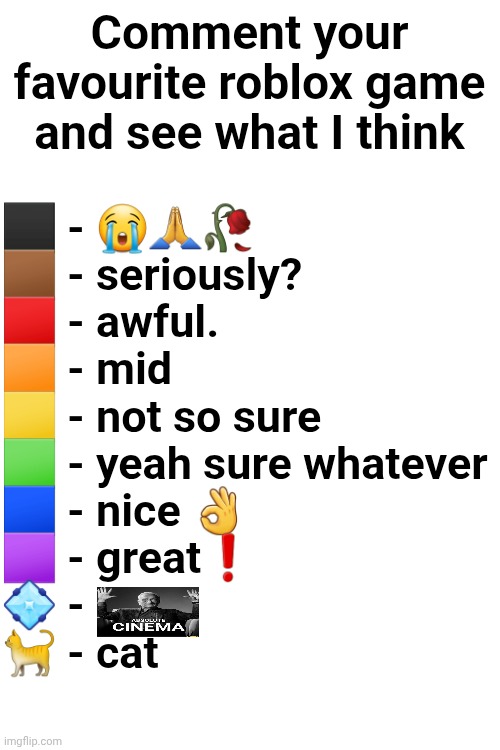 oæp | Comment your favourite roblox game and see what I think; ⬛ - 😭🙏🥀
🟫 - seriously?
🟥 - awful.
🟧 - mid
🟨 - not so sure
🟩 - yeah sure whatever
🟦 - nice 👌 
🟪 - great❗️
💠 - 
🐈 - cat | image tagged in memes | made w/ Imgflip meme maker