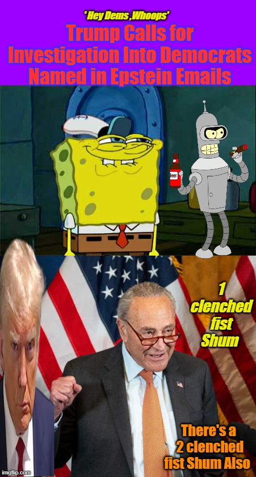 Chuckeys a Drama Queen,ask his wife. She's Hot. | ' Hey Dems ,Whoops'; Trump Calls for Investigation Into Democrats Named in Epstein Emails; 1 clenched fist Shum; There's a  2 clenched fist Shum Also | image tagged in memes,don't you squidward,shumer | made w/ Imgflip meme maker