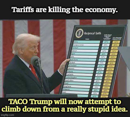 Reciprocal action | Tariffs are killing the economy. TACO Trump will now attempt to climb down from a really stupid idea. | image tagged in reciprocal action,trump,tariffs,incompetence,dumb | made w/ Imgflip meme maker