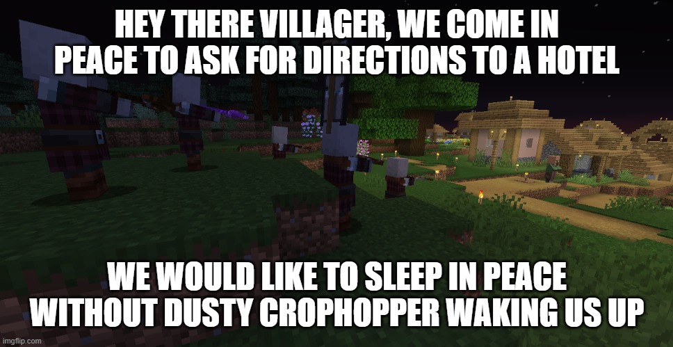 Pillager Patrol | HEY THERE VILLAGER, WE COME IN PEACE TO ASK FOR DIRECTIONS TO A HOTEL; WE WOULD LIKE TO SLEEP IN PEACE WITHOUT DUSTY CROPHOPPER WAKING US UP | image tagged in pillager patrol | made w/ Imgflip meme maker