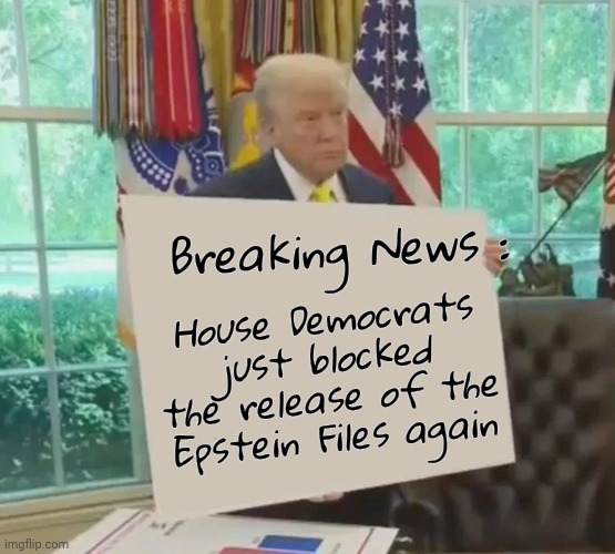 Convinced yet ? | Breaking News :; House Democrats just blocked the release of the Epstein Files again | image tagged in your idol president trump,jeffrey epstein,democrats democratting,protecting themselves,liars,all about them | made w/ Imgflip meme maker