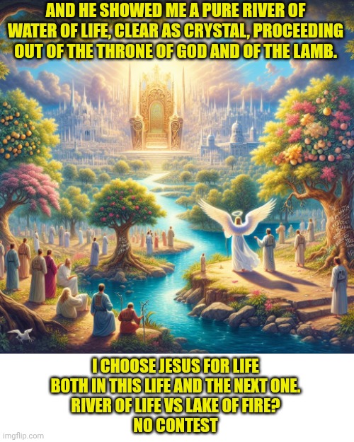 River of life | AND HE SHOWED ME A PURE RIVER OF WATER OF LIFE, CLEAR AS CRYSTAL, PROCEEDING OUT OF THE THRONE OF GOD AND OF THE LAMB. I CHOOSE JESUS FOR LIFE
BOTH IN THIS LIFE AND THE NEXT ONE.
RIVER OF LIFE VS LAKE OF FIRE?
NO CONTEST | image tagged in river of life | made w/ Imgflip meme maker