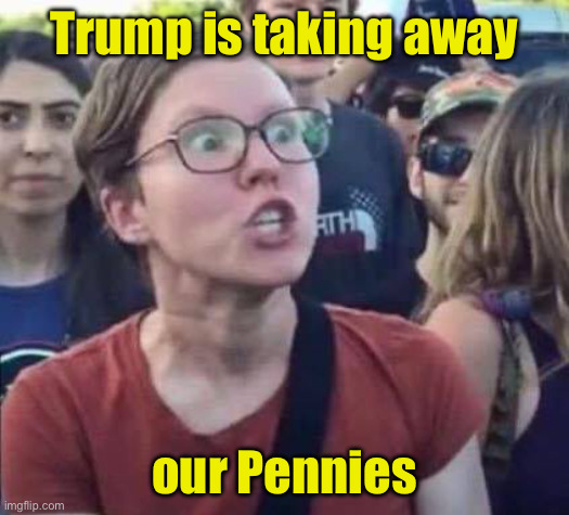 But if you round down, he’s taking away nothing | Trump is taking away; our Pennies | image tagged in angry liberal,penny | made w/ Imgflip meme maker