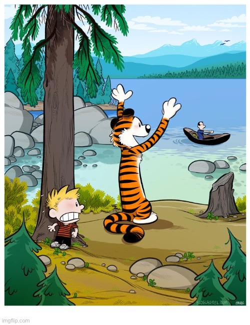 Calvin & Hobbes fan art | image tagged in calvin and hobbes,fan art,dad,searching,hiding,waving | made w/ Imgflip meme maker
