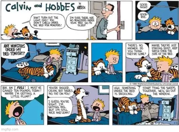 Something under the bed is drooling… | image tagged in calvin and hobbes,bedtime,under the bed,monster,drooling | made w/ Imgflip meme maker