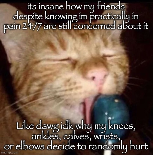 silly goober 2 | its insane how my friends despite knowing im practically in pain 24/7 are still concerned about it; Like dawg idk why my knees, ankles, calves, wrists, or elbows decide to randomly hurt | image tagged in silly goober 2 | made w/ Imgflip meme maker