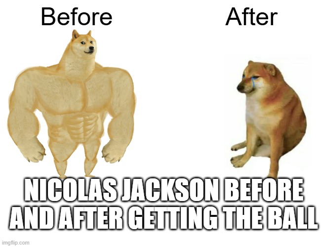 Buff Doge vs. Cheems Meme | Before; After; NICOLAS JACKSON BEFORE AND AFTER GETTING THE BALL | image tagged in memes,buff doge vs cheems | made w/ Imgflip meme maker