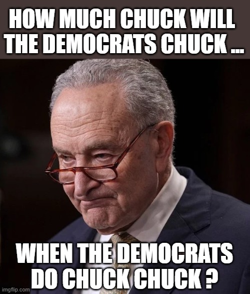 Dems Chuck Chuck | HOW MUCH CHUCK WILL 
THE DEMOCRATS CHUCK ... WHEN THE DEMOCRATS
DO CHUCK CHUCK ? | image tagged in chuck the schmuck | made w/ Imgflip meme maker