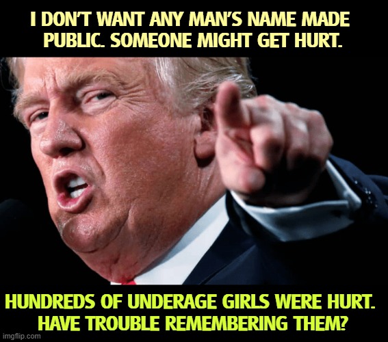 I DON'T WANT ANY MAN'S NAME MADE 
PUBLIC. SOMEONE MIGHT GET HURT. HUNDREDS OF UNDERAGE GIRLS WERE HURT. 
HAVE TROUBLE REMEMBERING THEM? | image tagged in jeffrey epstein,trump,cover up,teenagers | made w/ Imgflip meme maker