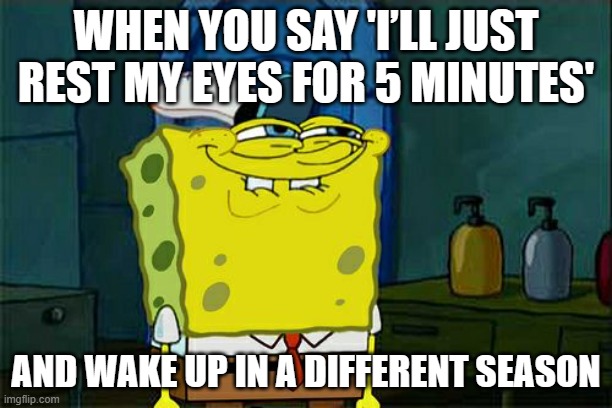WHEN YOU SAY 'I’LL JUST REST MY EYES FOR 5 MINUTES' | WHEN YOU SAY 'I’LL JUST REST MY EYES FOR 5 MINUTES'; AND WAKE UP IN A DIFFERENT SEASON | image tagged in memes,don't you squidward,nap,season,health,healthcare | made w/ Imgflip meme maker