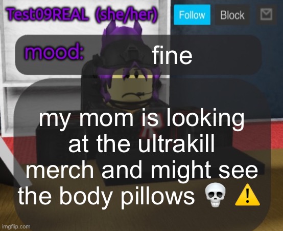 Test09 Jane Doe temp v2 | fine; my mom is looking at the ultrakill merch and might see the body pillows 💀 ⚠️ | image tagged in test09 jane doe temp v2 | made w/ Imgflip meme maker