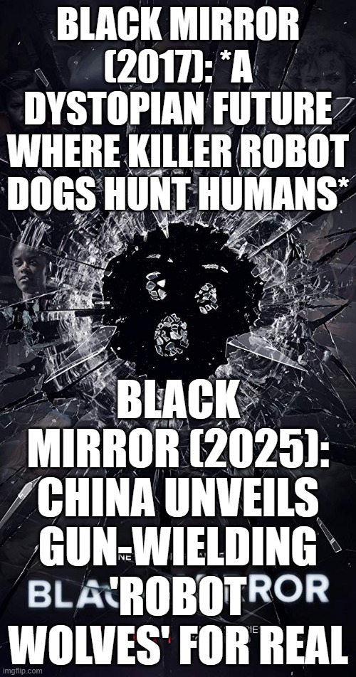 BLACK MIRROR BECOMES REALITY | BLACK MIRROR (2017): *A DYSTOPIAN FUTURE WHERE KILLER ROBOT DOGS HUNT HUMANS*; BLACK MIRROR (2025): CHINA UNVEILS GUN-WIELDING 'ROBOT WOLVES' FOR REAL | image tagged in black mirror,dystopia,netflix,china,robots,apocalypse | made w/ Imgflip meme maker