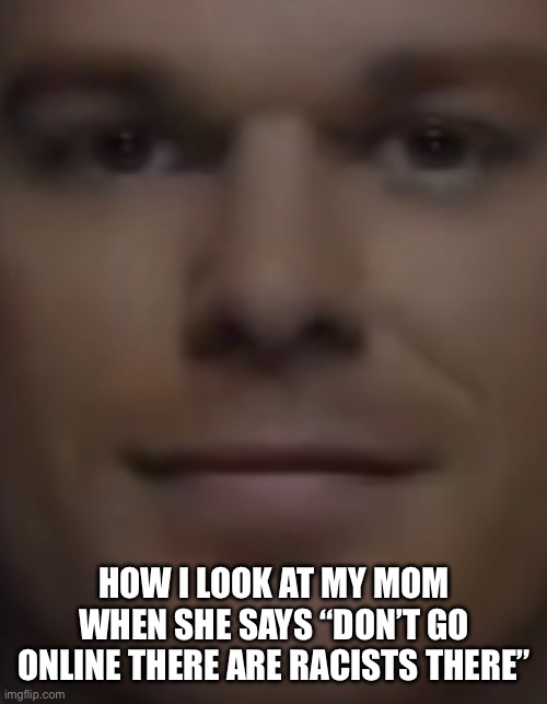 Racists | HOW I LOOK AT MY MOM WHEN SHE SAYS “DON’T GO ONLINE THERE ARE RACISTS THERE” | image tagged in funny,funny memes,memes,relatable,racist,face | made w/ Imgflip meme maker