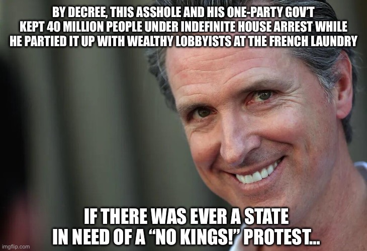Gavin Newsom | BY DECREE, THIS ASSHOLE AND HIS ONE-PARTY GOV’T KEPT 40 MILLION PEOPLE UNDER INDEFINITE HOUSE ARREST WHILE HE PARTIED IT UP WITH WEALTHY LOBBYISTS AT THE FRENCH LAUNDRY; IF THERE WAS EVER A STATE IN NEED OF A “NO KINGS!” PROTEST… | image tagged in gavin newsom | made w/ Imgflip meme maker