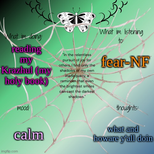 BRO NF'S NEW EP IS SO FIREEEEE | fear-NF; reading my Krazhul (my holy book); calm; what and howare y'all doin | image tagged in sammy's announcement temp | made w/ Imgflip meme maker