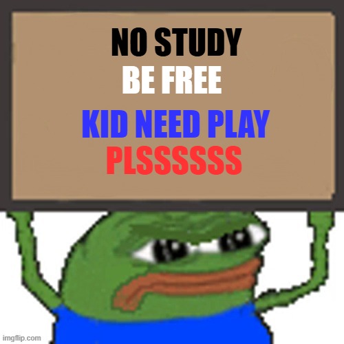 pepe sign | NO STUDY; BE FREE; KID NEED PLAY; PLSSSSSS | image tagged in pepe sign | made w/ Imgflip meme maker