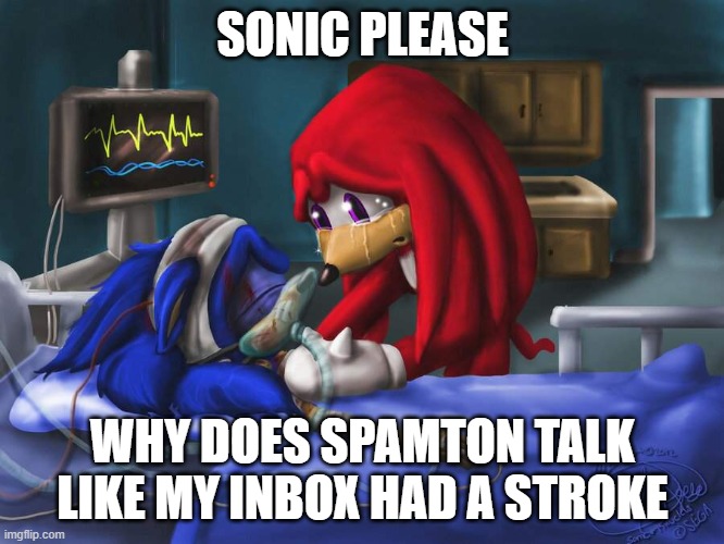 this meme is both funny and unfunny at the same time because i forced a clanker to do it | SONIC PLEASE; WHY DOES SPAMTON TALK LIKE MY INBOX HAD A STROKE | image tagged in sonic please | made w/ Imgflip meme maker