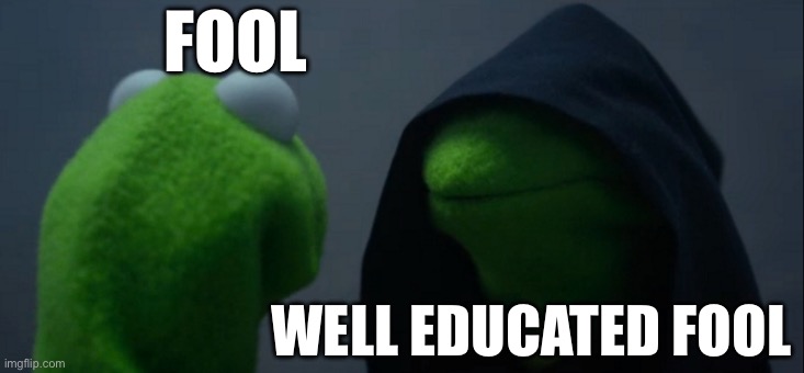 Me | FOOL; WELL EDUCATED FOOL | image tagged in memes,evil kermit | made w/ Imgflip meme maker