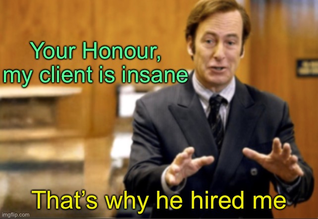 Saul Goodman defending | Your Honour, my client is insane; That’s why he hired me | image tagged in saul goodman defending | made w/ Imgflip meme maker