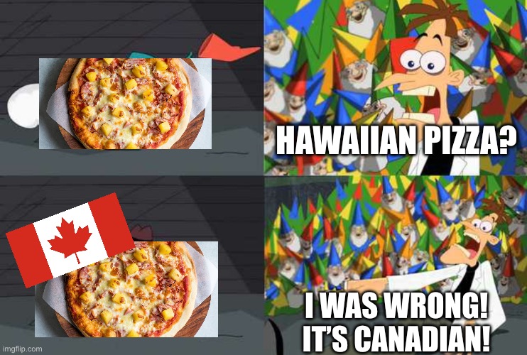 Only true Canadians will understand | HAWAIIAN PIZZA? I WAS WRONG! IT’S CANADIAN! | image tagged in an ordinary platypus,pizza,pineapple pizza,canada | made w/ Imgflip meme maker