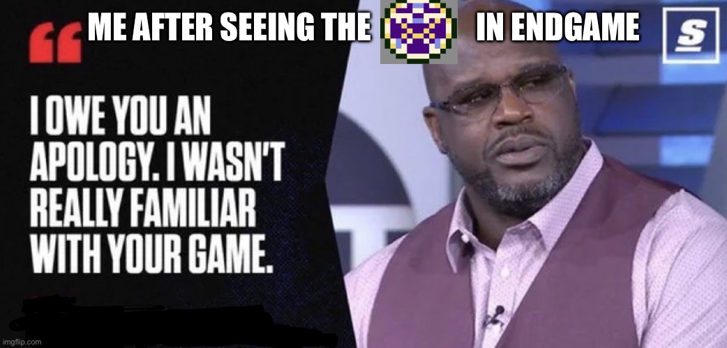 Shaq I owe you an apology | ME AFTER SEEING THE                 IN ENDGAME | image tagged in shaq i owe you an apology | made w/ Imgflip meme maker