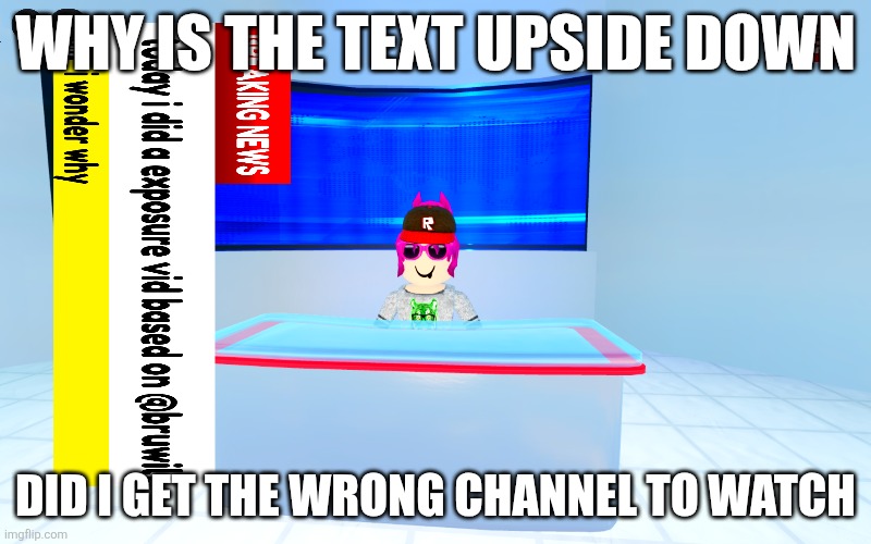 WHATS WRONG W/TH THE NEWSWOMAN | WHY IS THE TEXT UPSIDE DOWN; DID I GET THE WRONG CHANNEL TO WATCH | image tagged in idk girl,idk,idk what to put here | made w/ Imgflip meme maker