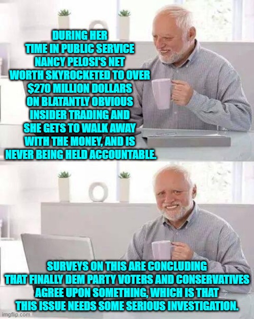 Could you imagine Nancy Pelosi in prison orange at her age? | DURING HER TIME IN PUBLIC SERVICE NANCY PELOSI'S NET WORTH SKYROCKETED TO OVER $270 MILLION DOLLARS ON BLATANTLY OBVIOUS INSIDER TRADING AND SHE GETS TO WALK AWAY WITH THE MONEY, AND IS  NEVER BEING HELD ACCOUNTABLE. SURVEYS ON THIS ARE CONCLUDING THAT FINALLY DEM PARTY VOTERS AND CONSERVATIVES AGREE UPON SOMETHING, WHICH IS THAT THIS ISSUE NEEDS SOME SERIOUS INVESTIGATION. | image tagged in hide the pain harold | made w/ Imgflip meme maker