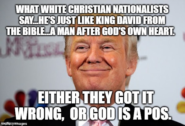 Donald trump approves | WHAT WHITE CHRISTIAN NATIONALISTS SAY...HE'S JUST LIKE KING DAVID FROM THE BIBLE...A MAN AFTER GOD'S OWN HEART. EITHER THEY GOT IT WRONG,  OR GOD IS A POS. | image tagged in donald trump approves | made w/ Imgflip meme maker