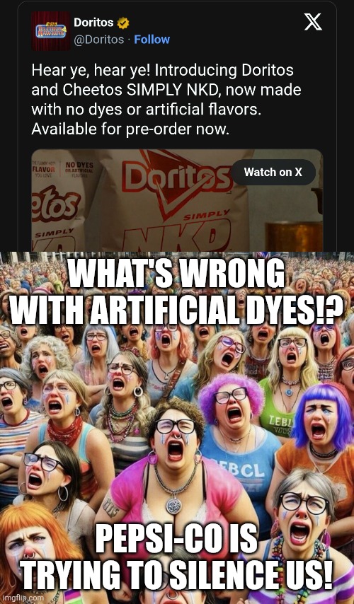 do you want us to dye!? | WHAT'S WRONG WITH ARTIFICIAL DYES!? PEPSI-CO IS TRYING TO SILENCE US! | image tagged in woke white liberal women | made w/ Imgflip meme maker