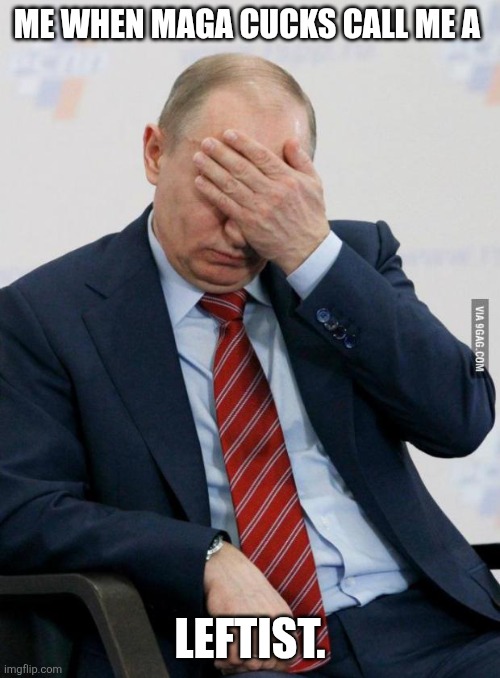 Still stuck in your left/right dichotomy, eh, smooth brains? | ME WHEN MAGA CUCKS CALL ME A; LEFTIST. | image tagged in putin facepalm | made w/ Imgflip meme maker