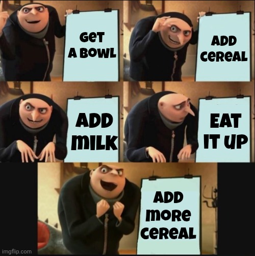 This is how you do it | Get a bowl; Add cereal; Add milk; Eat it up; Add more cereal | image tagged in 5 panel gru meme,debate,raging,cereal killer,it's great,silly rabbit | made w/ Imgflip meme maker