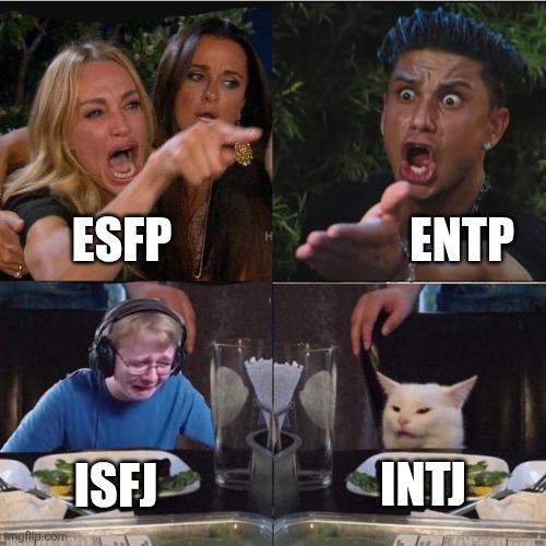 MBTI Inverted Type Feels | ENTP; ESFP; INTJ; ISFJ | image tagged in girl pointing at cat crossover meme,entp,esfp,isfj,intj,personality | made w/ Imgflip meme maker