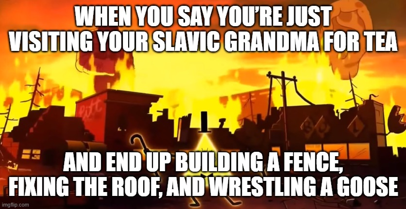 Gravity Falls Chaos | WHEN YOU SAY YOU’RE JUST VISITING YOUR SLAVIC GRANDMA FOR TEA; AND END UP BUILDING A FENCE, FIXING THE ROOF, AND WRESTLING A GOOSE | image tagged in gravity falls chaos,slavic lives matter,black lives matter | made w/ Imgflip meme maker