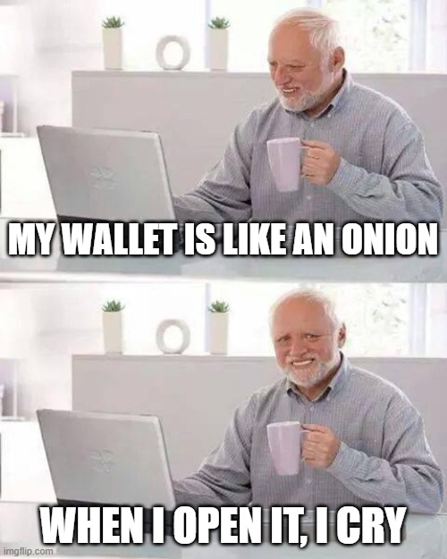 WAHHHH | MY WALLET IS LIKE AN ONION; WHEN I OPEN IT, I CRY | image tagged in memes,hide the pain harold,funny,fun,dark memes,no money | made w/ Imgflip meme maker