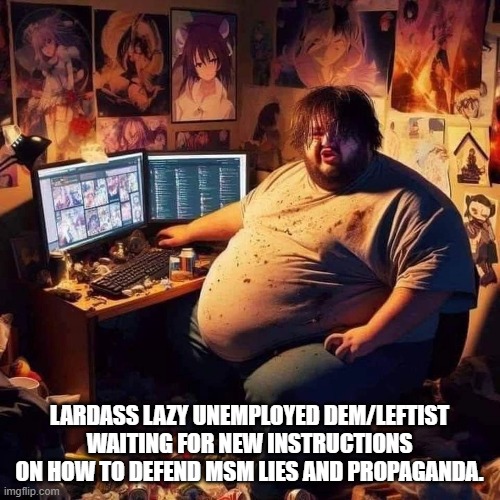 Fat Guy in Basement | LARDASS LAZY UNEMPLOYED DEM/LEFTIST WAITING FOR NEW INSTRUCTIONS ON HOW TO DEFEND MSM LIES AND PROPAGANDA. | image tagged in fat guy in basement | made w/ Imgflip meme maker