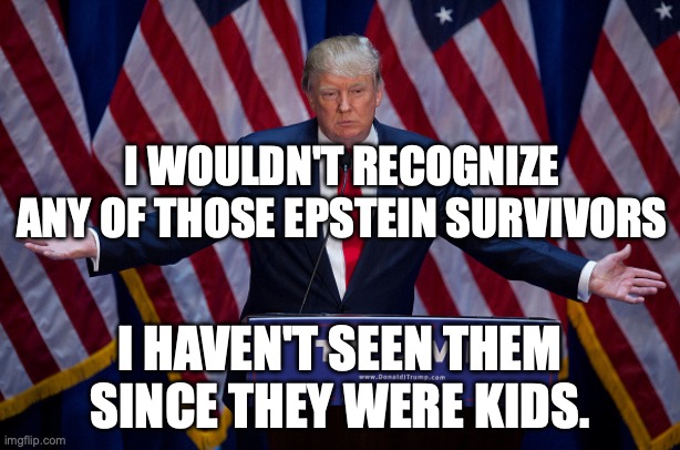 One doesn't go to Disneyland without riding the rides, just like one doesn't go to Epstein island... | I WOULDN'T RECOGNIZE ANY OF THOSE EPSTEIN SURVIVORS; I HAVEN'T SEEN THEM SINCE THEY WERE KIDS. | image tagged in donald trump,jeffrey epstein,trump impeachment,pedophiles,maga | made w/ Imgflip meme maker