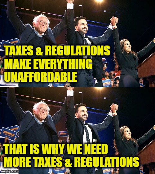 More Leftist Logic | TAXES & REGULATIONS
MAKE EVERYTHING
UNAFFORDABLE; THAT IS WHY WE NEED
MORE TAXES & REGULATIONS | image tagged in socialism | made w/ Imgflip meme maker