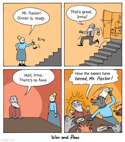 War and Peas | image tagged in comics,war and peas,pavlov,dinner,dog,revenge | made w/ Imgflip meme maker