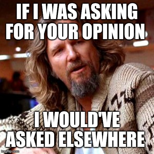 Asked for your opinion | IF I WAS ASKING FOR YOUR OPINION; I WOULD'VE ASKED ELSEWHERE | image tagged in memes,confused lebowski,funny memes | made w/ Imgflip meme maker