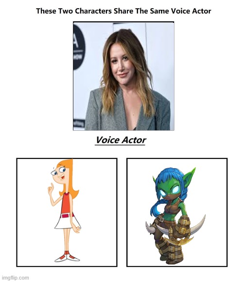 Ashley Tisdale | image tagged in same voice actor,ashley tisdale,phineas and ferb,skylanders academy,disney,activision | made w/ Imgflip meme maker