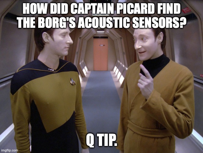 How Picard Found Borg's Acoustic Sensors | HOW DID CAPTAIN PICARD FIND THE BORG'S ACOUSTIC SENSORS? Q TIP. | image tagged in data lore | made w/ Imgflip meme maker