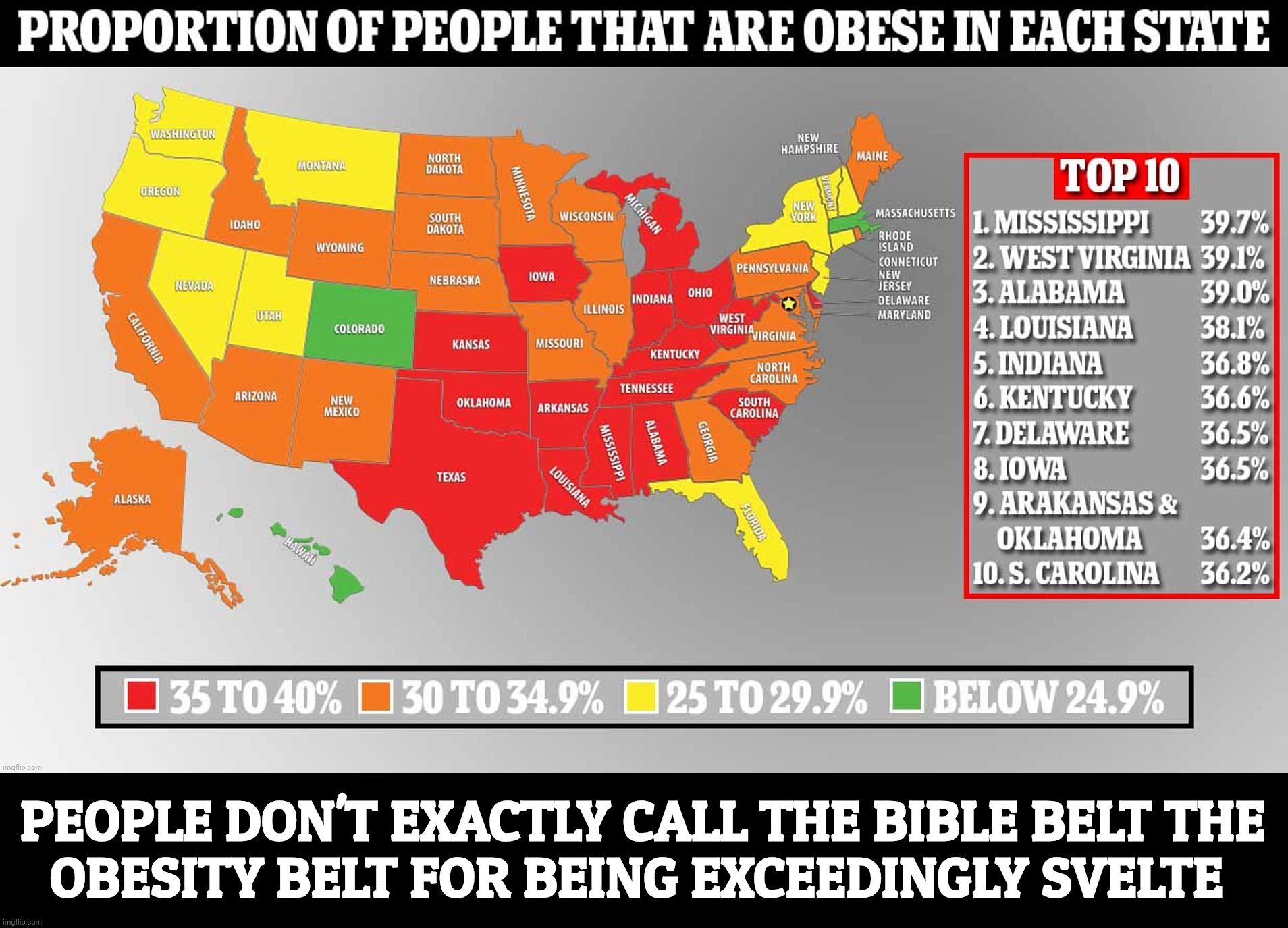 PEOPLE DON'T EXACTLY CALL THE BIBLE BELT THE
OBESITY BELT FOR BEING EXCEEDINGLY SVELTE | made w/ Imgflip meme maker