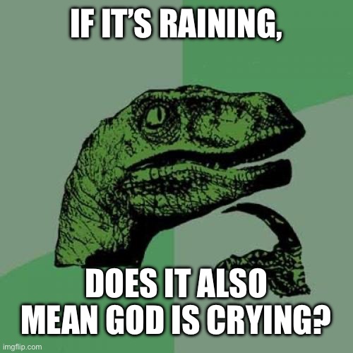 Let this sink in. | IF IT’S RAINING, DOES IT ALSO MEAN GOD IS CRYING? | image tagged in memes,philosoraptor | made w/ Imgflip meme maker