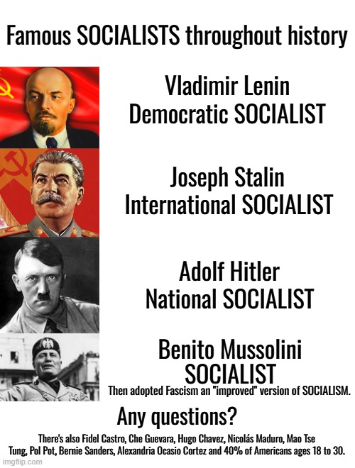 If you think they weren't socialists you're wrong.  If you think socialism benefits mankind, you've have been lied to. | Famous SOCIALISTS throughout history; Vladimir Lenin; Democratic SOCIALIST; Joseph Stalin; International SOCIALIST; Adolf Hitler; National SOCIALIST; Benito Mussolini; SOCIALIST; Then adopted Fascism an "improved" version of SOCIALISM. Any questions? There's also Fidel Castro, Che Guevara, Hugo Chavez, Nicolás Maduro, Mao Tse Tung, Pol Pot, Bernie Sanders, Alexandria Ocasio Cortez and 40% of Americans ages 18 to 30. | image tagged in vladimir lenin,joseph stalin,adolf hitler,mussolini | made w/ Imgflip meme maker